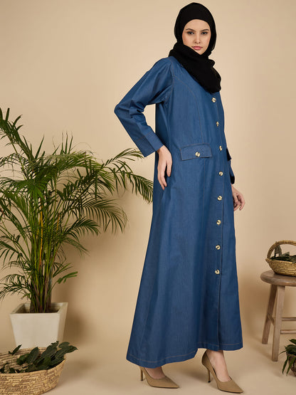 Blue Denim Front Open Abaya Burqa for Women with Georgette Hijab