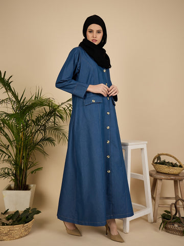 Blue Denim Front Open Abaya Burqa for Women with Georgette Hijab