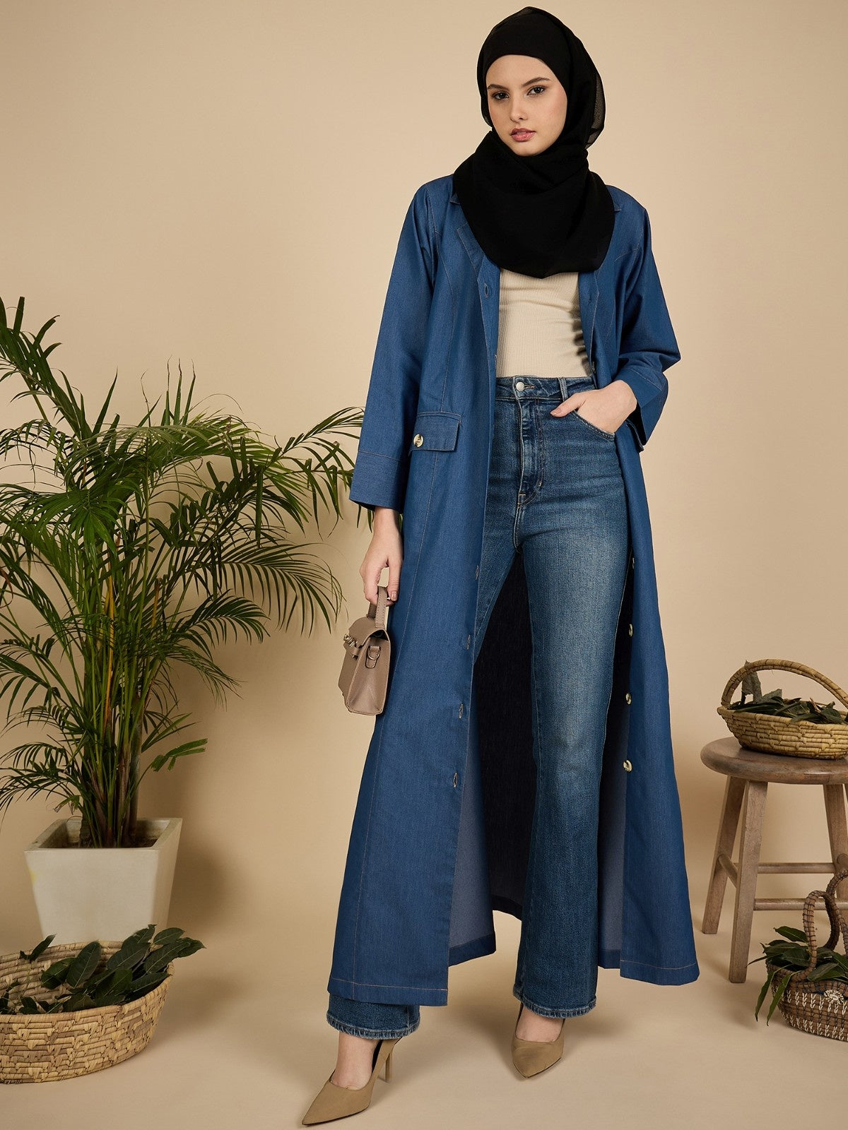 Blue Denim Front Open Abaya Burqa for Women with Georgette Hijab