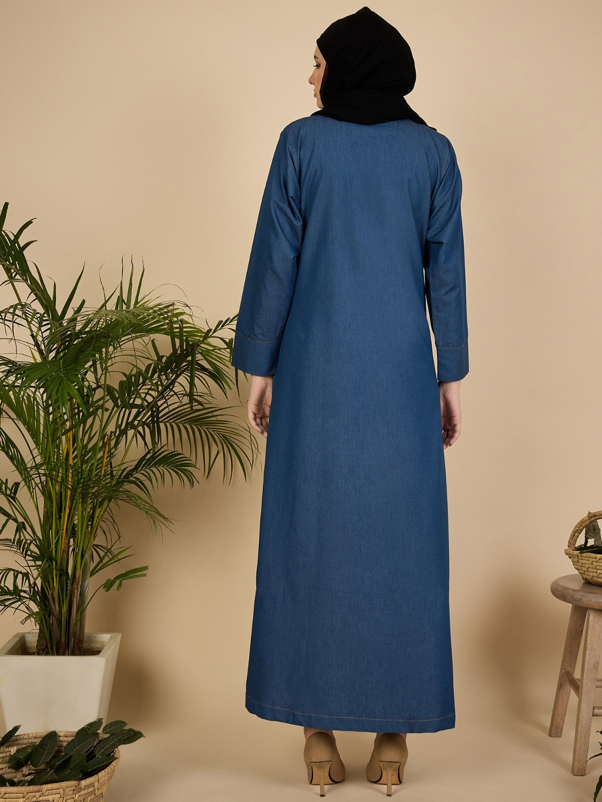 Blue Denim Front Open Abaya Burqa for Women with Georgette Hijab