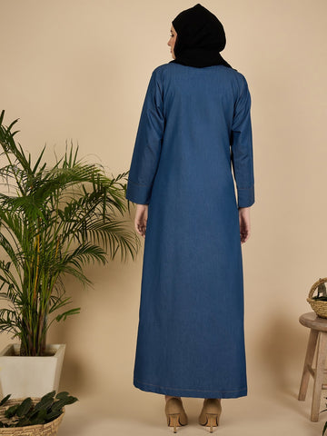 Blue Denim Front Open Abaya Burqa for Women with Georgette Hijab