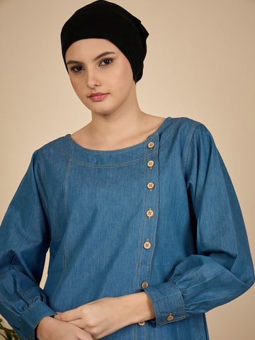 Blue Solid Denim Abaya Burqa for Women with Georgette Hijab
