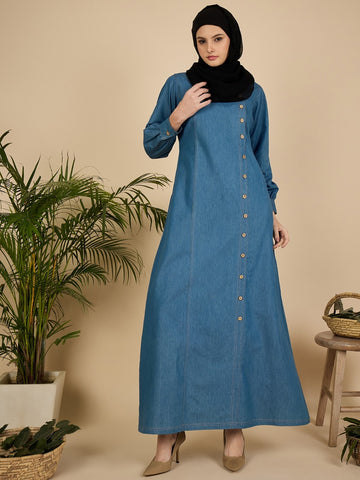 Blue Solid Denim Abaya Burqa for Women with Georgette Hijab