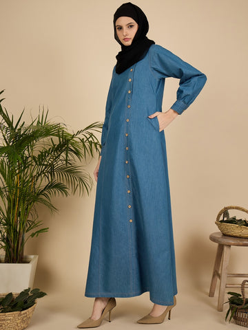 Blue Solid Denim Abaya Burqa for Women with Georgette Hijab