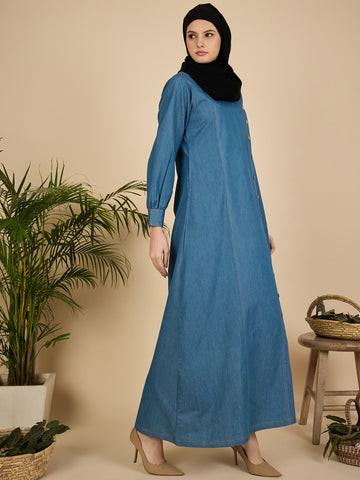 Blue Solid Denim Abaya Burqa for Women with Georgette Hijab