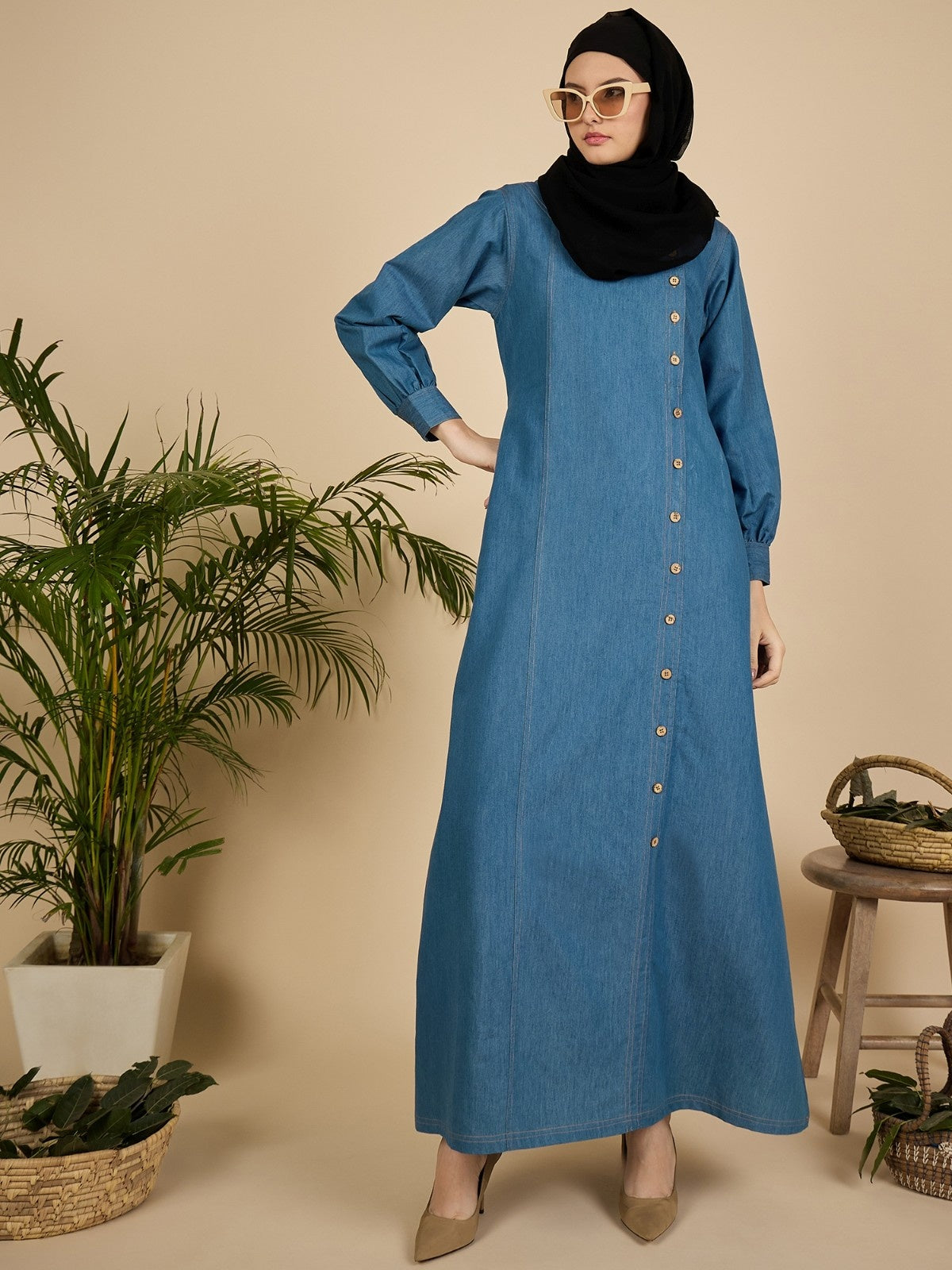 Blue Solid Denim Abaya Burqa for Women with Georgette Hijab