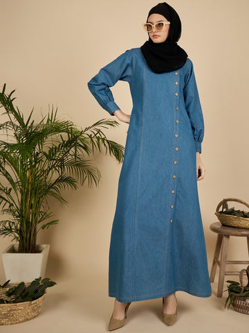 Blue Solid Denim Abaya Burqa for Women with Georgette Hijab
