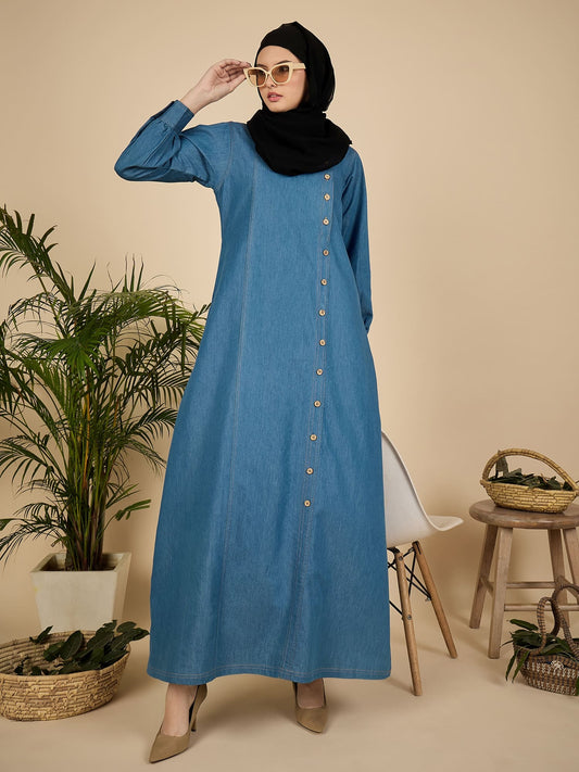 Blue Solid Denim Abaya Burqa for Women with Georgette Hijab