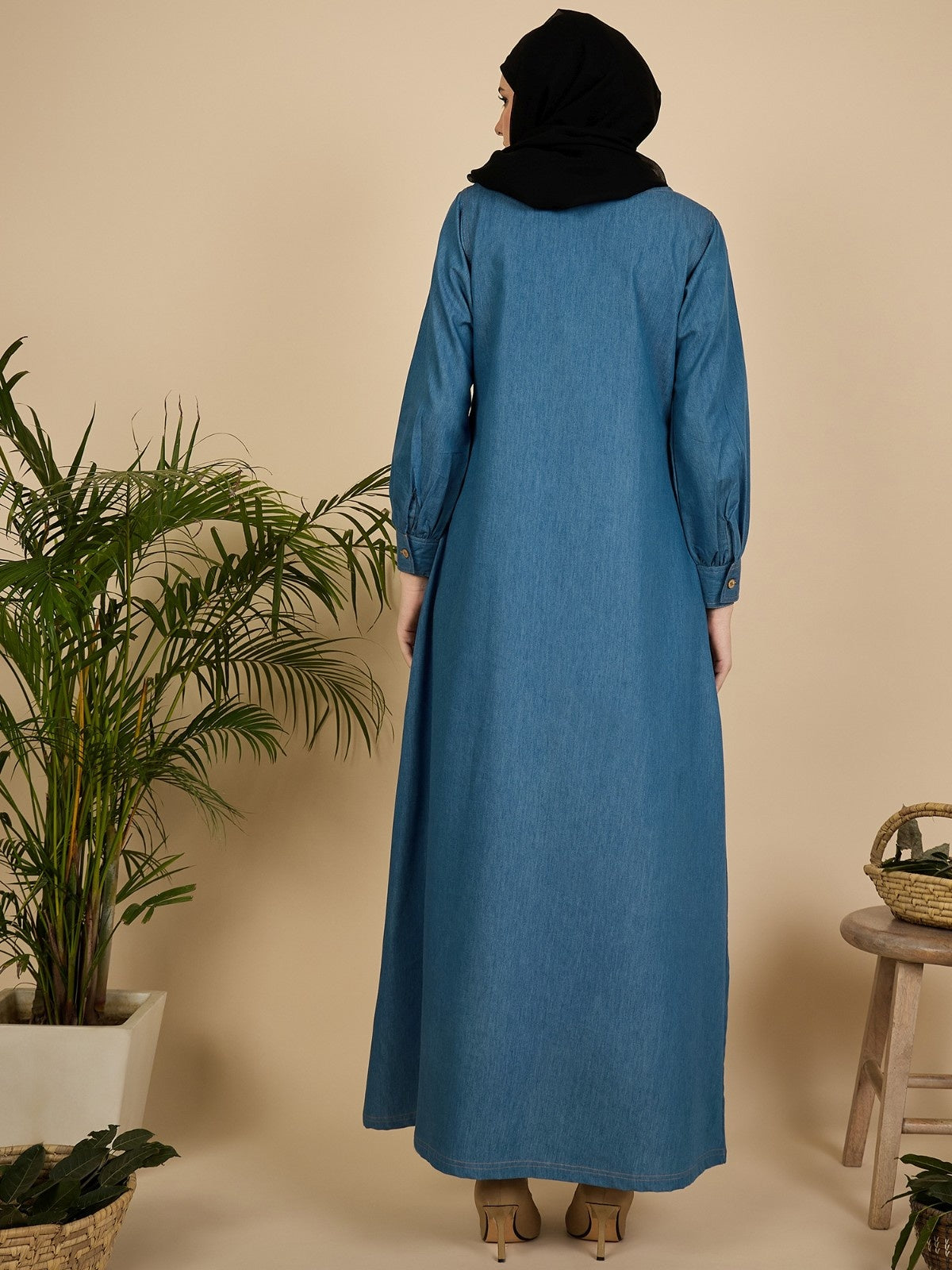 Blue Solid Denim Abaya Burqa for Women with Georgette Hijab