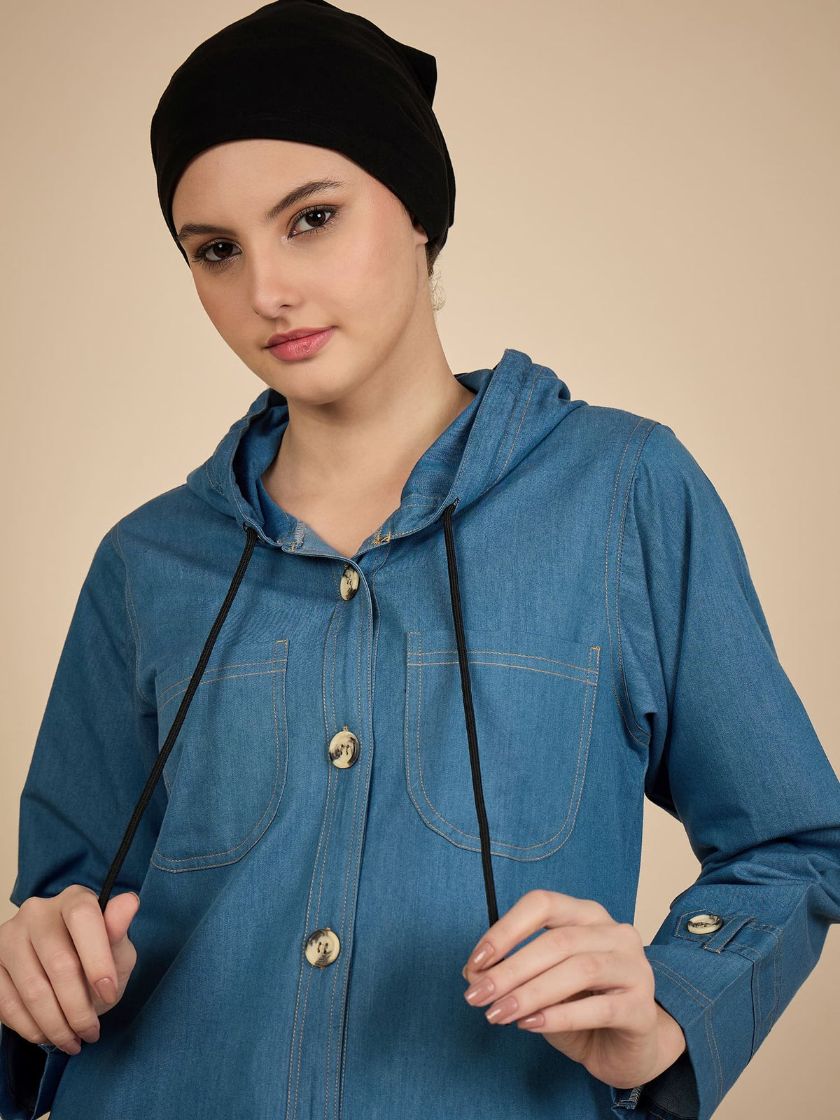 Modest Hoodie Front open Denim Abaya