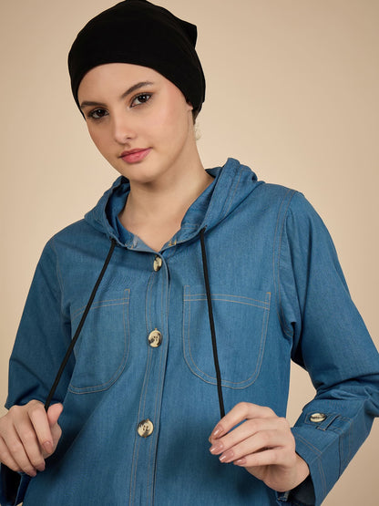 Modest Hoodie Front open Denim Abaya