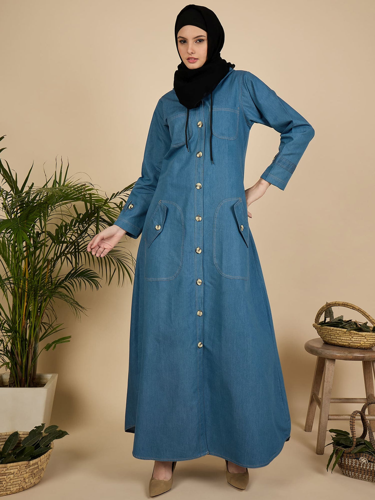 Modest Hoodie Front open Denim Abaya