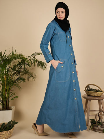 Modest Hoodie Front open Denim Abaya