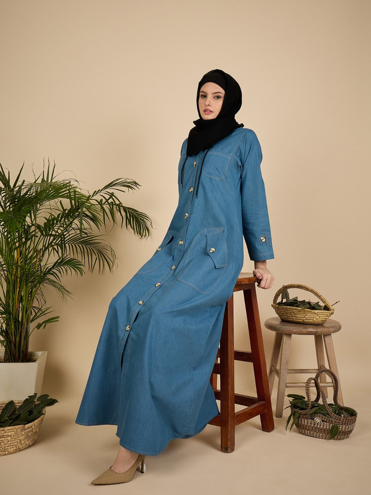 Modest Hoodie Front open Denim Abaya
