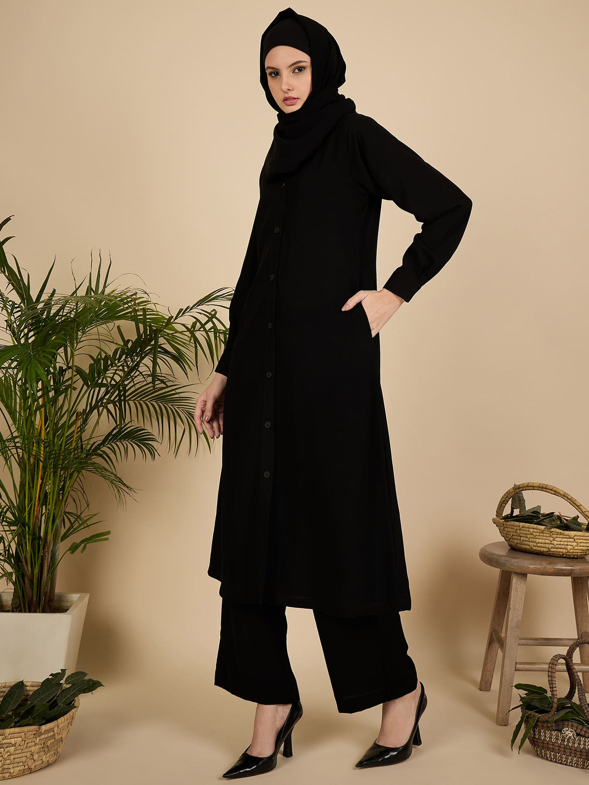 Nabia Black Solid Front Open Co-ord Set for Women