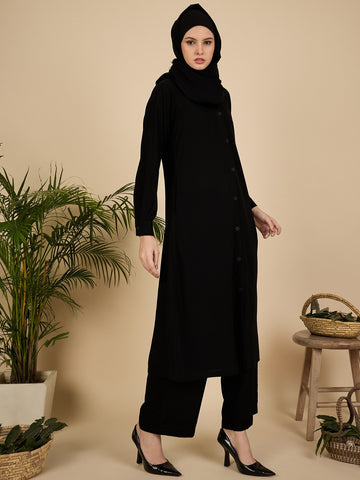 Nabia Black Solid Front Open Co-ord Set for Women