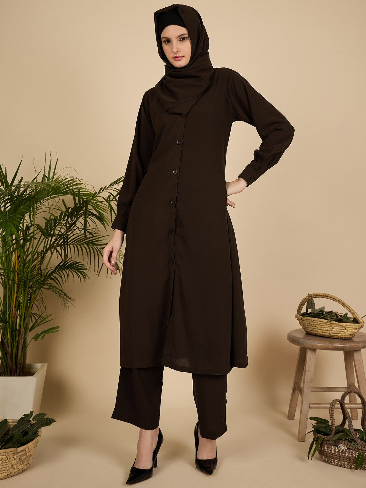 Nabia Brown Solid Front Open Co-ord Set for Women