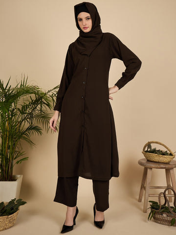 Nabia Brown Solid Front Open Co-ord Set for Women