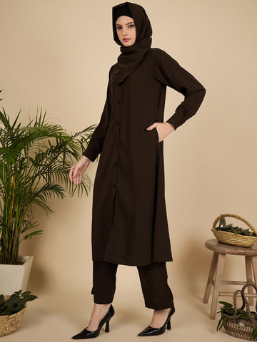 Nabia Brown Solid Front Open Co-ord Set for Women