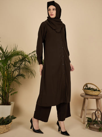 Nabia Brown Solid Front Open Co-ord Set for Women