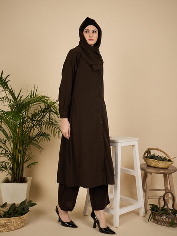 Nabia Brown Solid Front Open Co-ord Set for Women