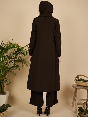 Nabia Brown Solid Front Open Co-ord Set for Women