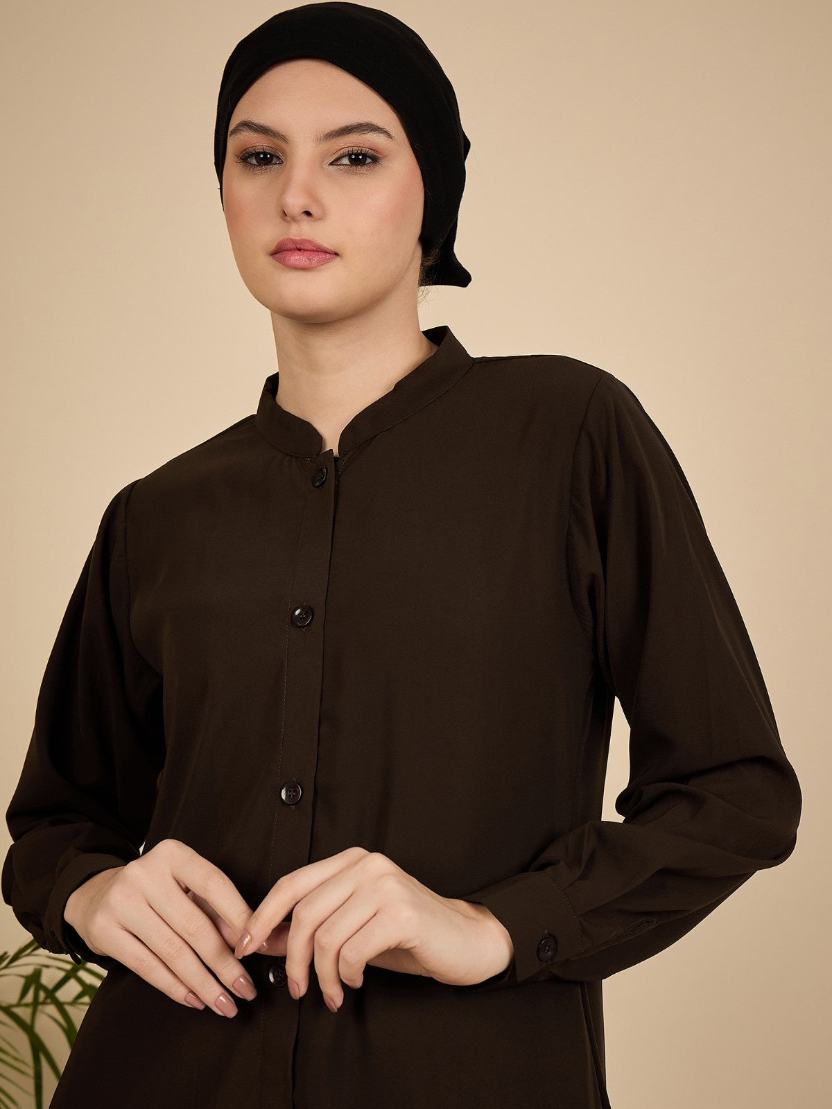 Nabia Brown Solid Front Open Co-ord Set for Women