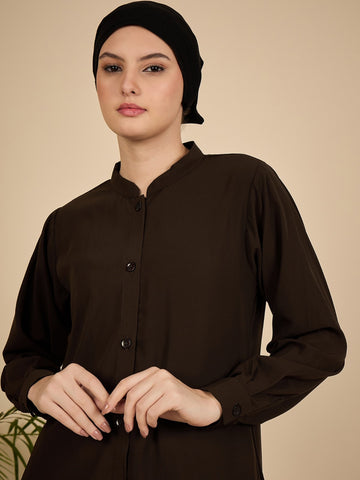 Nabia Brown Solid Front Open Co-ord Set for Women