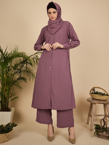Nabia Puce Pink Solid Front Open Co-ord Set for Women