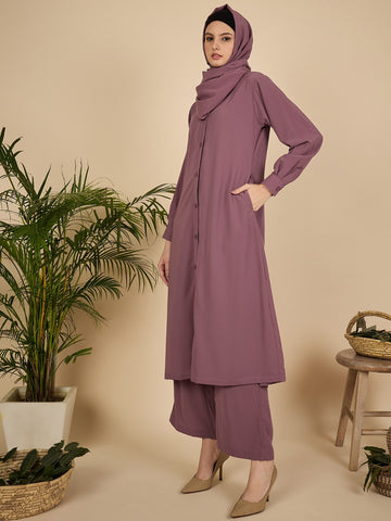 Nabia Puce Pink Solid Front Open Co-ord Set for Women