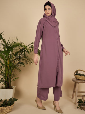 Nabia Puce Pink Solid Front Open Co-ord Set for Women