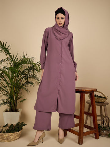 Nabia Puce Pink Solid Front Open Co-ord Set for Women