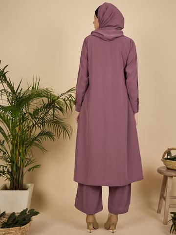 Nabia Puce Pink Solid Front Open Co-ord Set for Women