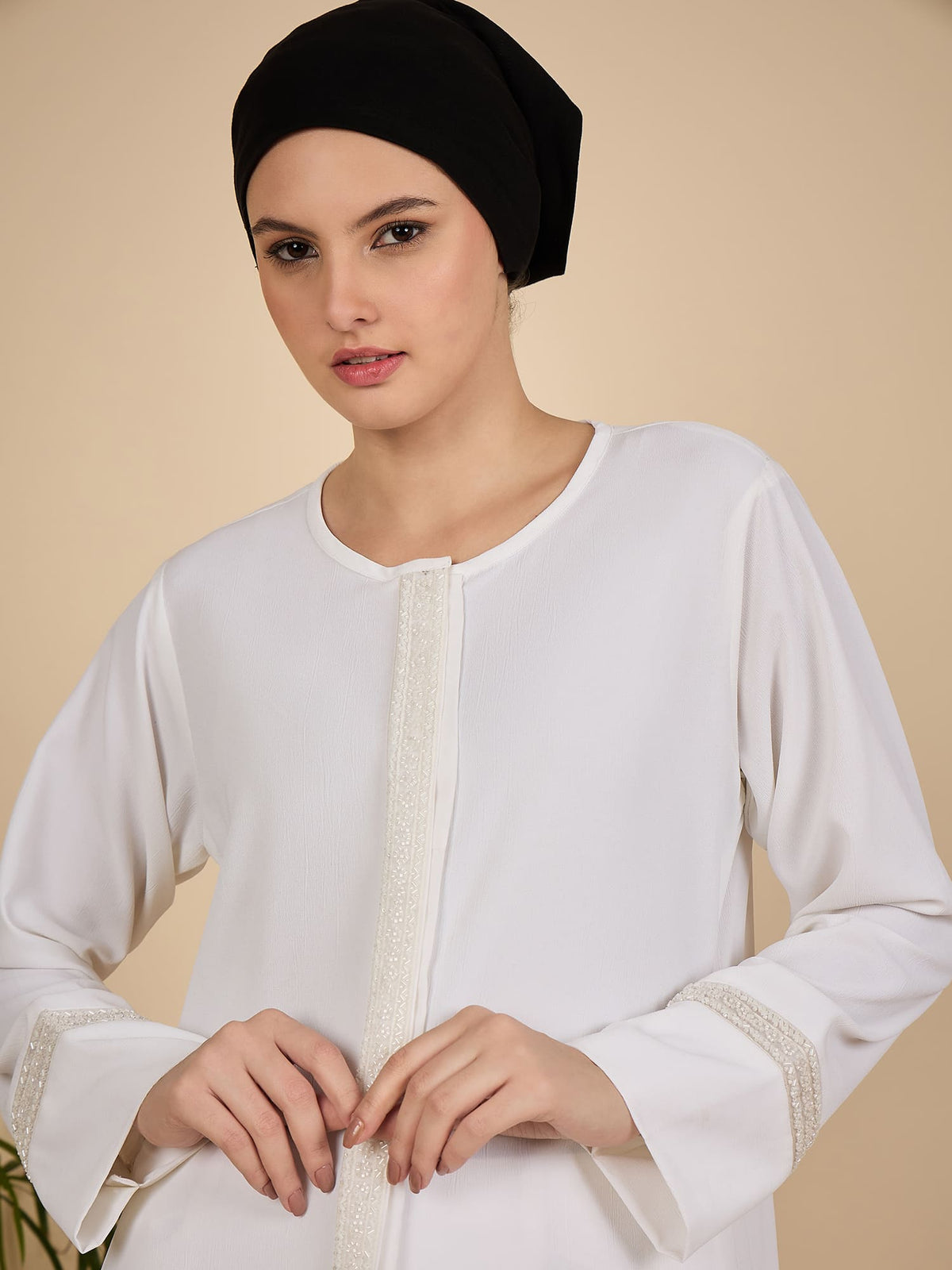 Embroidered White Front Open Abaya for Women with matching scarf