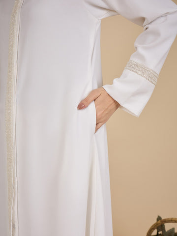 Embroidered White Front Open Abaya for Women with matching scarf