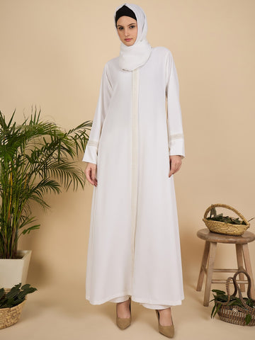 Embroidered White Front Open Abaya for Women with matching scarf