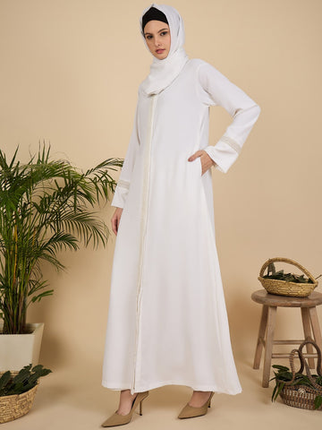 Embroidered White Front Open Abaya for Women with matching scarf