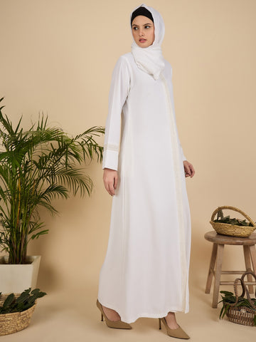 Embroidered White Front Open Abaya for Women with matching scarf
