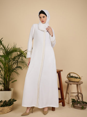 Embroidered White Front Open Abaya for Women with matching scarf