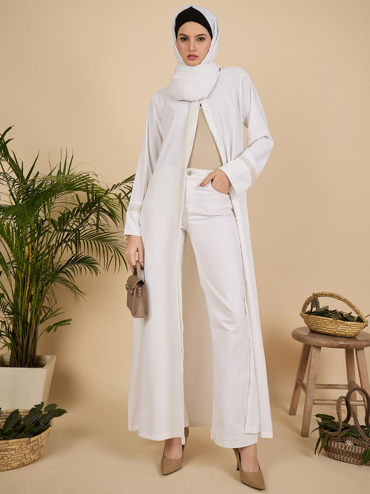 Embroidered White Front Open Abaya for Women with matching scarf