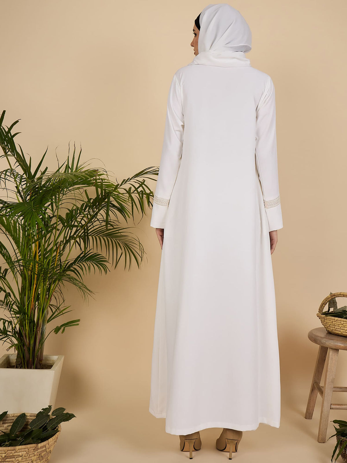 Embroidered White Front Open Abaya for Women with matching scarf