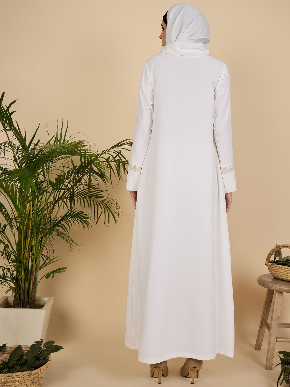 Embroidered White Front Open Abaya for Women with matching scarf