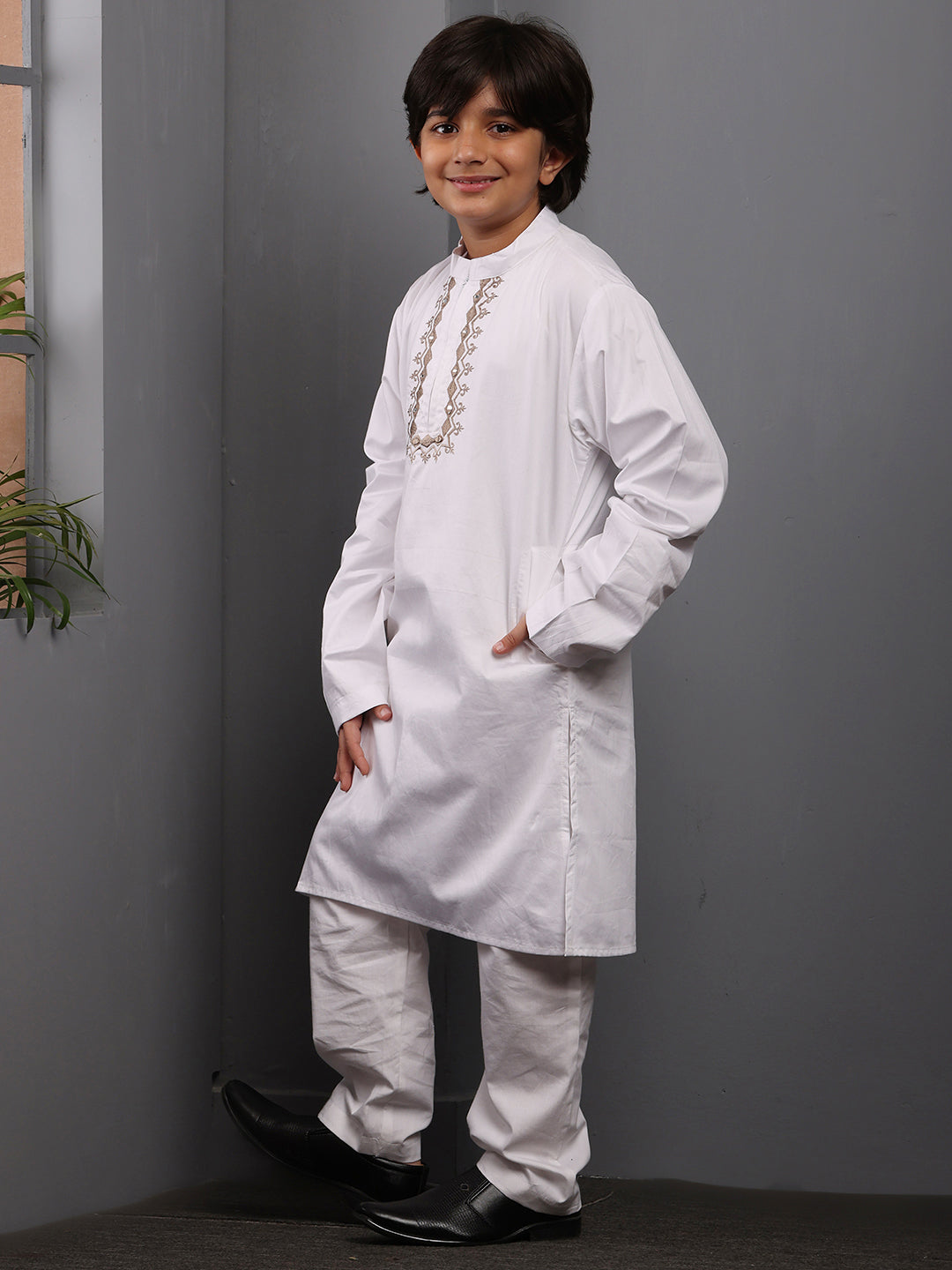 Embroidered Zip Closure White Kurta Pajama Set for Kids Boys
