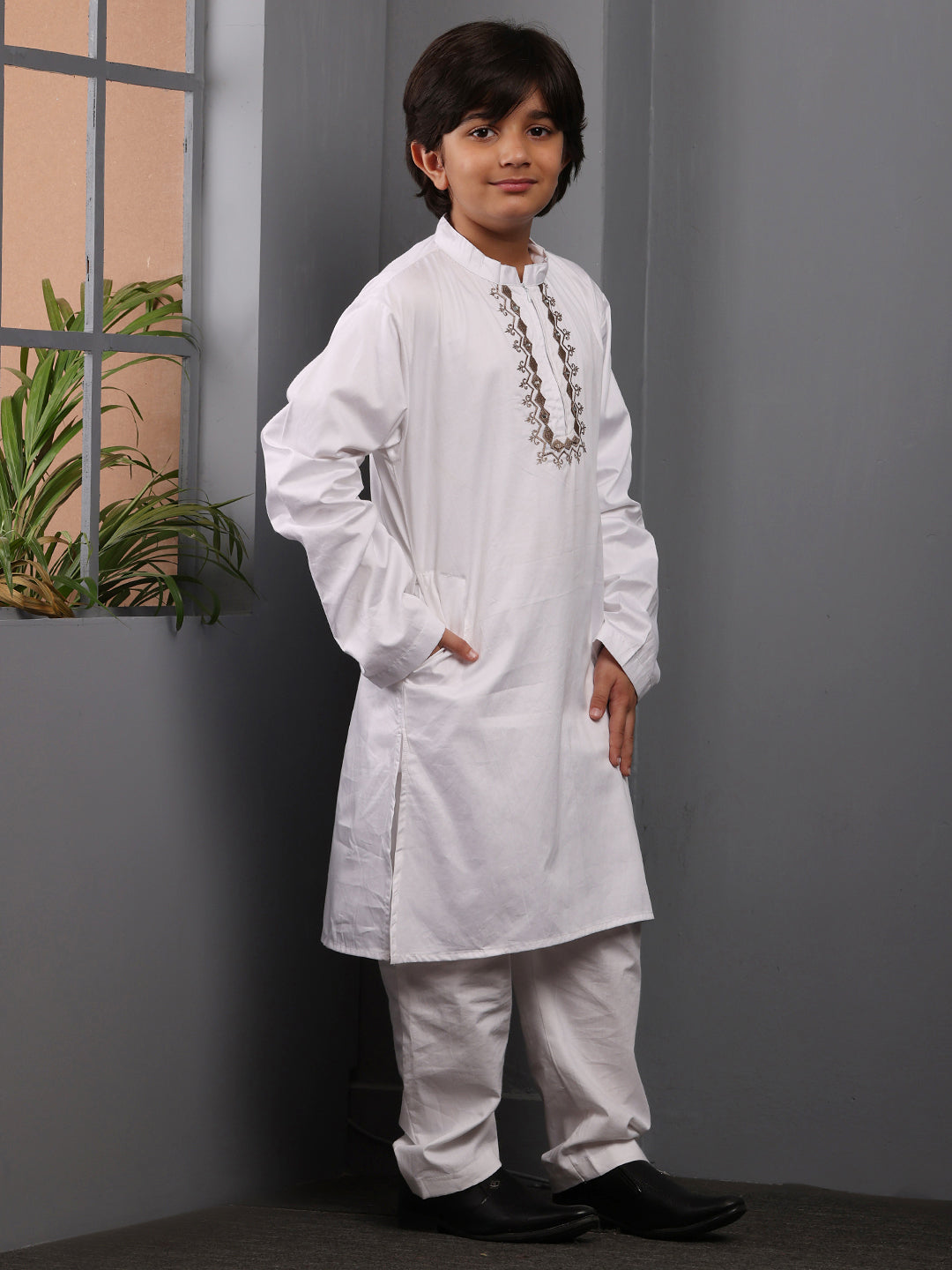 Embroidered Zip Closure White Kurta Pajama Set for Kids Boys