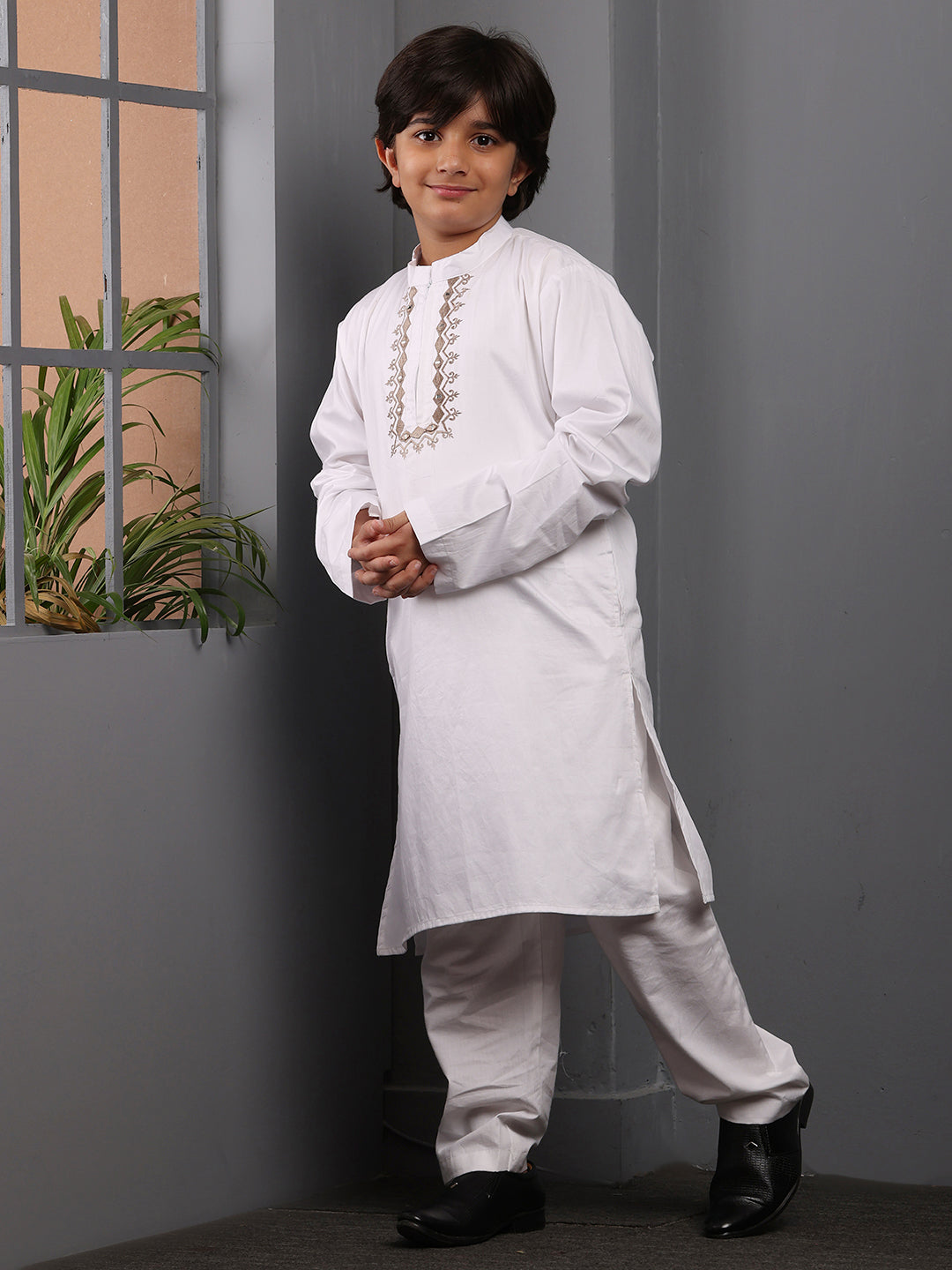 Embroidered Zip Closure White Kurta Pajama Set for Kids Boys