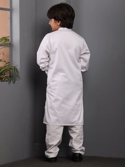 Embroidered Zip Closure White Kurta Pajama Set for Kids Boys