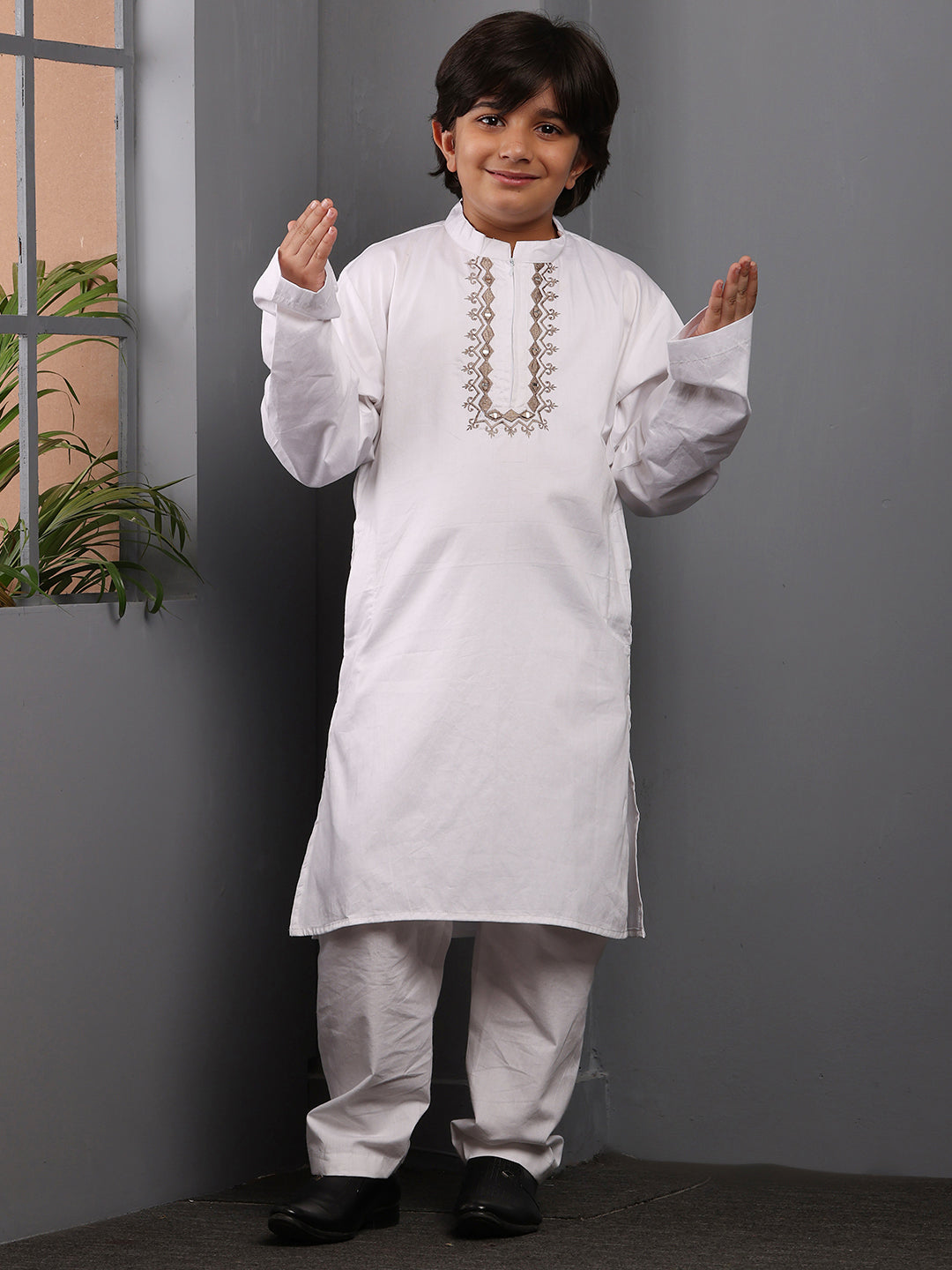 Embroidered Zip Closure White Kurta Pajama Set for Kids Boys