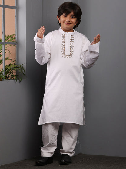 Embroidered Zip Closure White Kurta Pajama Set for Kids Boys