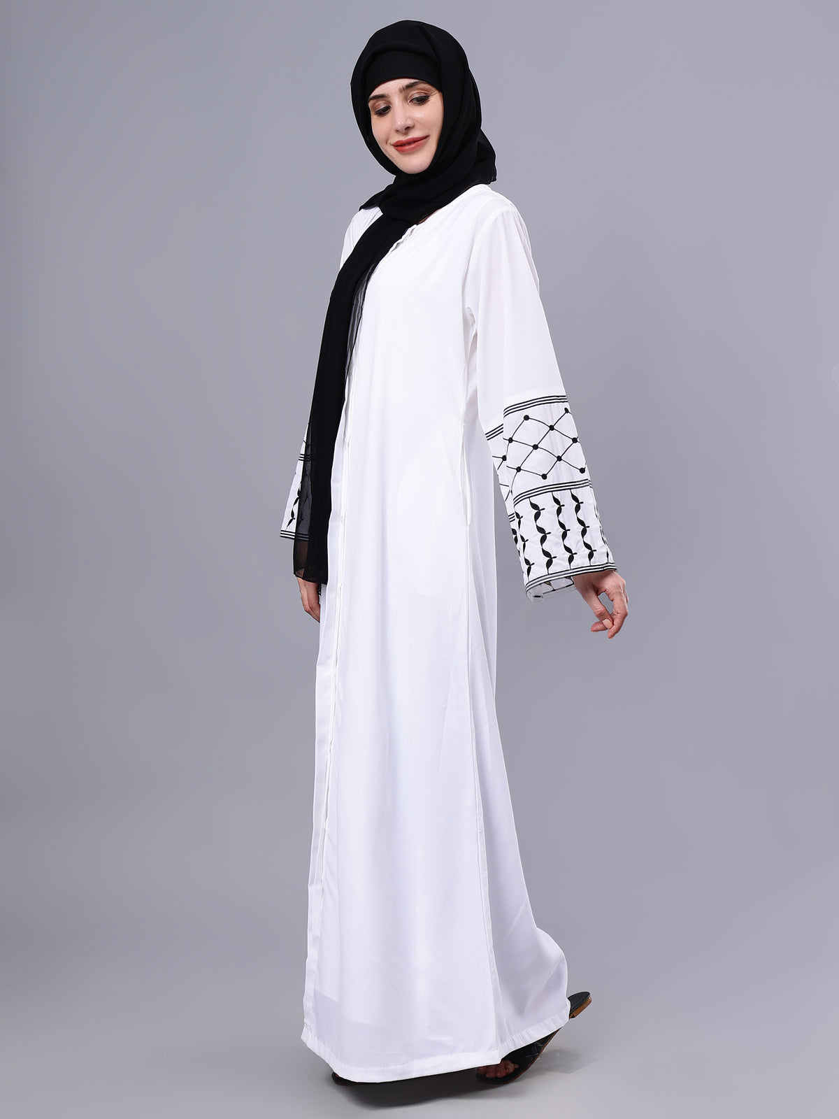 Nabia Front Open Kefiyyeh Embroidery White Abaya with Black Scarf
