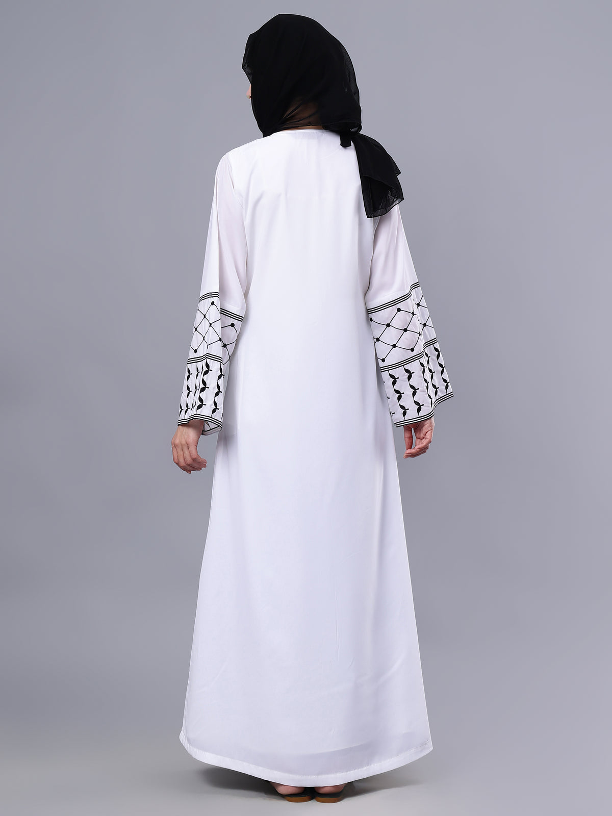 Nabia Front Open Kefiyyeh Embroidery White Abaya with Black Scarf